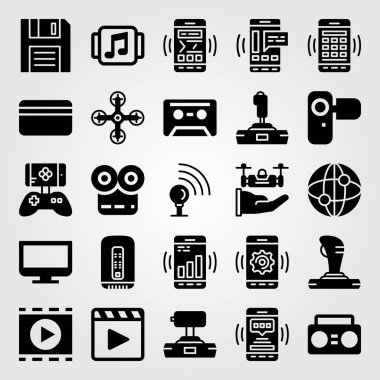 Teknoloji vektör Icon set. İnternet, sinyal nokta, monitör ve camcoder