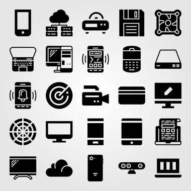Teknoloji vektör Icon set. telefonu, pc, sunucu ve cep telefonu