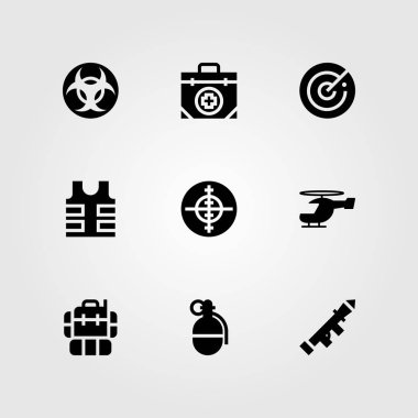 Silah vektör Icon set. ilk yardım çantası, kurşun geçirmez yelek, radar ve başlatıcısı