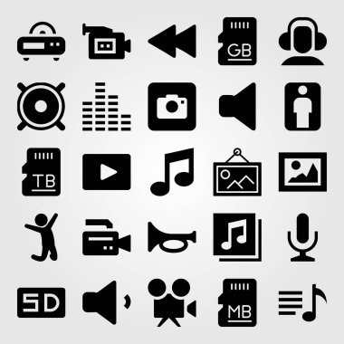 Çoklu ortam simgesini vektör ayarlayın. müzik Not, kulaklık, trompet ve fotoğraf kamera