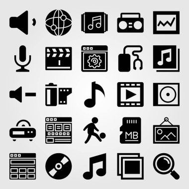 Çoklu ortam simgesini vektör ayarlayın. müzik, nota, müzik çalar ve mikrofon