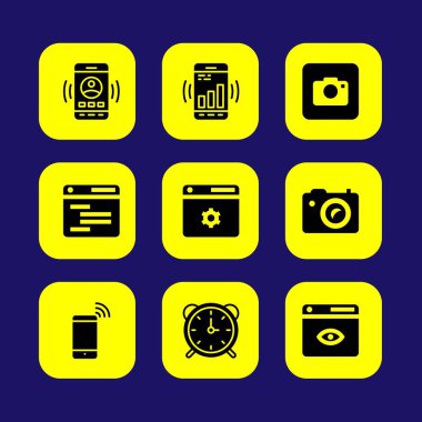 Temel vektör Icon set. fotoğraf makinesi, smartphone, tarayıcı ve çalar saat