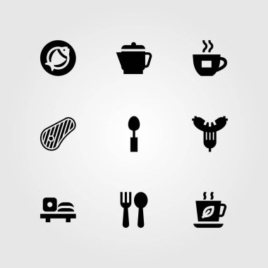Restoran vektör Icon set. Balık, kaşık, sosis ve et