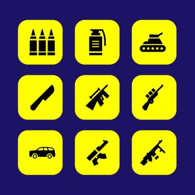 Askeri vektör Icon set. el bombası, silah, mermi ve tank