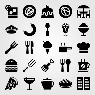 Restoran vektör Icon set. Dondurma, tavuk budu, pasta ve pizza