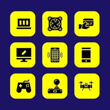 Teknoloji vektör Icon set. kredi kartı, gamepad, dizüstü bilgisayar ve casus uçak