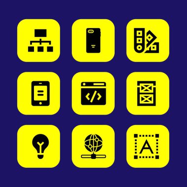 Web tasarım vektör Icon set. ampul, pantone, akıllı telefon ve metin editörü