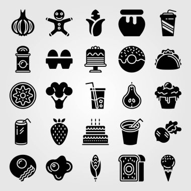 Yiyecek ve içecekler simge vektör ayarlayın. brokoli, çilek, yumurta ve dondurma