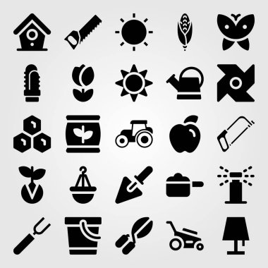Bahçe vektör Icon set. pot, traktör, kırpma makasları ve çim biçme makinesi