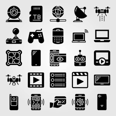 Teknoloji vektör Icon set. Radar, film oynatıcı, uydu ve Uzaktan kumanda