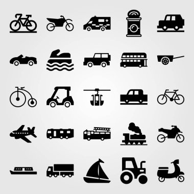 Ulaşım vektör Icon set. Jeep, motosiklet, karavan ve golf
