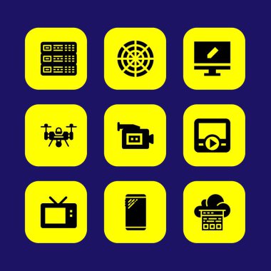 Teknoloji vektör Icon set. video kamera, film oynatıcı, monitör ve televizyon
