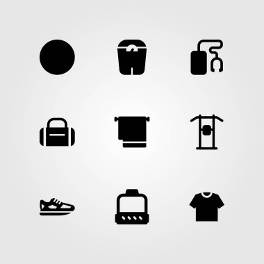 Fitness vektör Icon set. Mustafa ve çalışan ayakkabı gömlek bar, yukarı çek