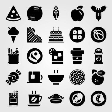 Yiyecek ve içecekler Icon set vektör. meyve, sosis, pizza ve Mısır