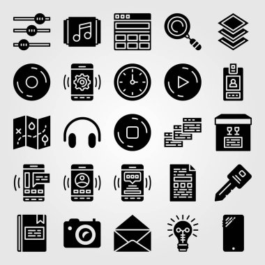 Temel simge vektör ayarlayın. kayıt, paket, duvar saati ve tarayıcılar