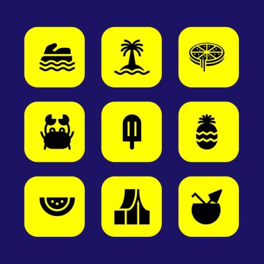 Yaz aylarında vektör Icon set. ananas, karpuz, Hindistan cevizi ve deniz scooter