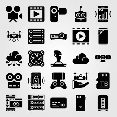 Teknoloji simge vektör ayarlayın. SD kartı, web kamerası, projektör ve pc