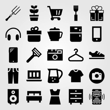 Alışveriş vektör Icon set. hoparlör, bitki, kulaklık ve dizüstü