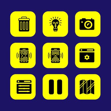 Temel vektör Icon set. fikir, fotoğraf makinesi, smartphone ve çöp kutusu