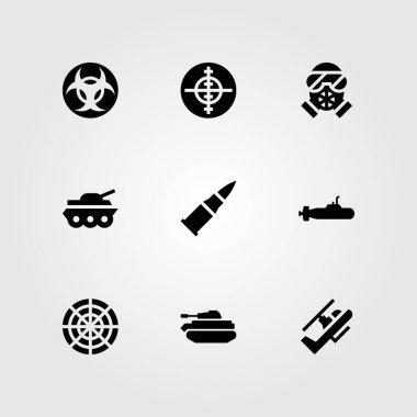 Silah vektör Icon set. gaz maskesi, biohazard, tank ve amaç