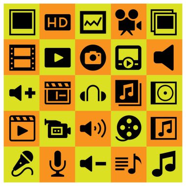 Çoklu ortam simgesini vektör ayarlayın. mikrofon, video kamera, müzik notu ve analytics