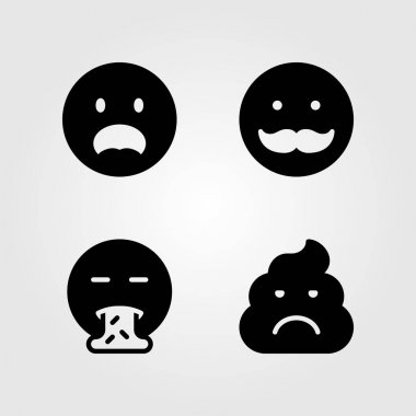 Duygular Icon set vektör. Gülümse, kusmak, kaka ve bıyıklı