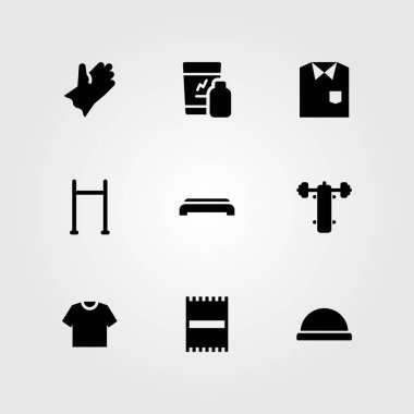 Fitness vektör Icon set. gömlek bar, Yüksel, basın tezgah ve havlu
