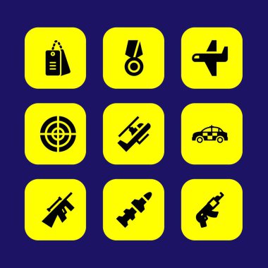 Askeri vektör Icon set. Uçak, silah, nişan almak ve polis araba