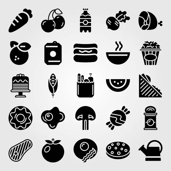Żywność i napoje wektor zestaw ikon. kukurydza, marchew, pomarańczowy i rzodkiewki — Wektor stockowy