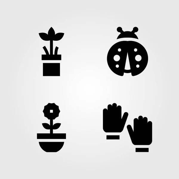 Gartensymbole gesetzt. Vektorillustration Marienkäfer, Handschuhe und Pflanze — Stockvektor