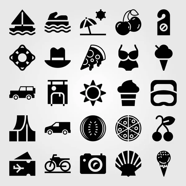 Set di icone vettoriali Summertime. immersioni, shell, pizza e jeep — Vettoriale Stock