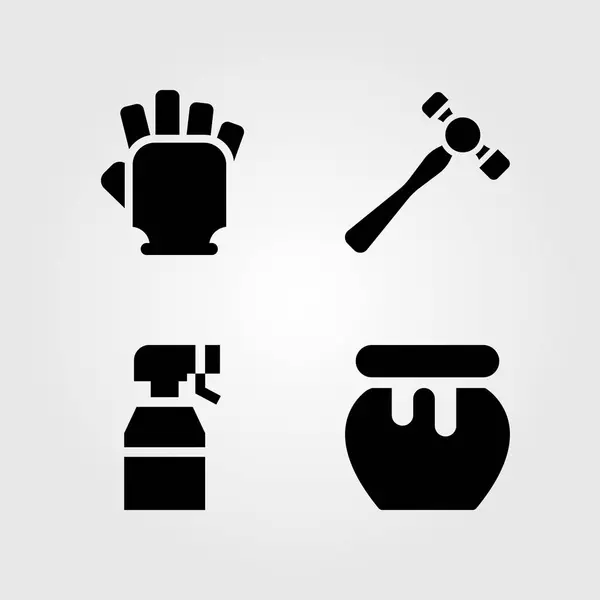 Conjunto de iconos de jardín. Martillo de ilustración vectorial, pulverizador, guantes y guantes de gimnasio — Archivo Imágenes Vectoriales