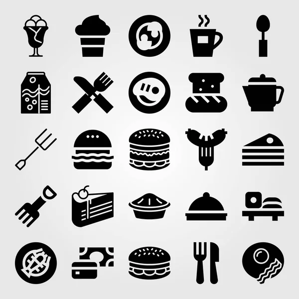 Restaurant-Vektorsymbol gesetzt. Gabel, Tee, Tablett und Kuchen — Stockvektor