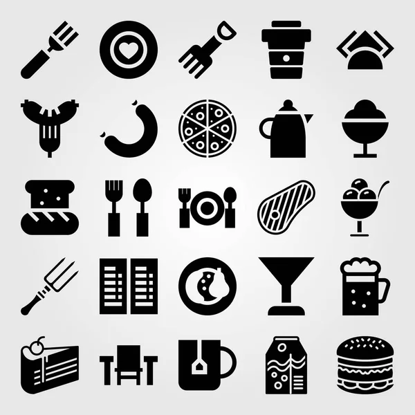 Restaurant-Vektorsymbol gesetzt. Kuchen, Speisekarte, Besteck und Brot — Stockvektor