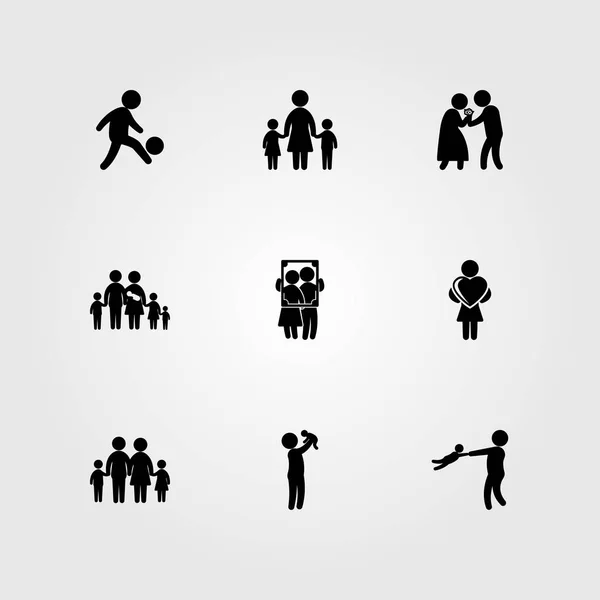 Menschen Icon Set Vektor. Paar, Fußballer, große Familie und Junge — Stockvektor