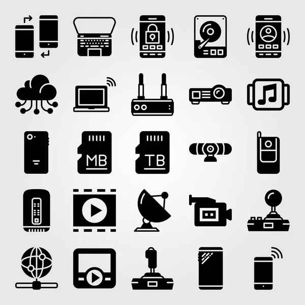 Technology icon set vector. video camera, music player, web and memory