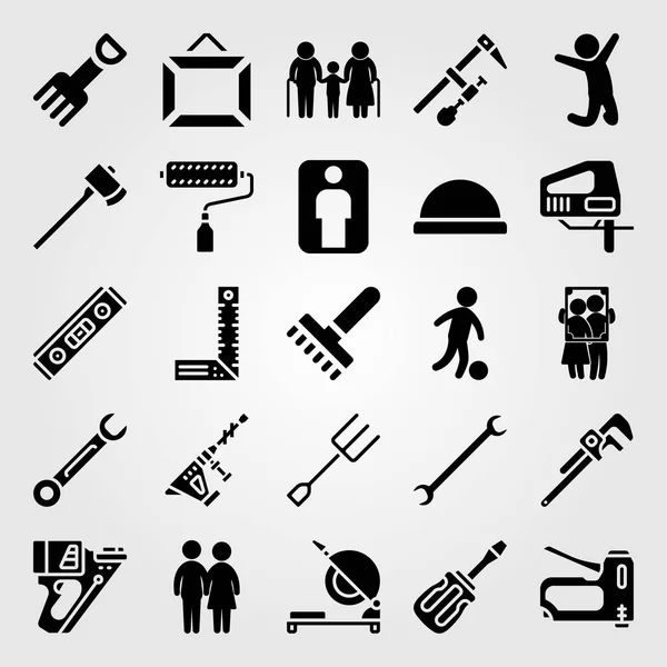 Tools icon set vector. fork, hammer drill, screwdriver and jumping man — Stock Vector