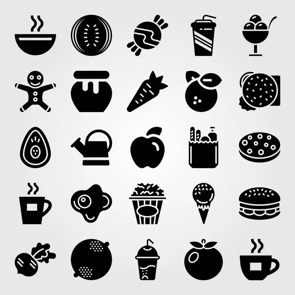Set di icone vettoriali cibo e bevande. annaffiatoio, tazza di caffè, caramelle e bibite analcoliche — Vettoriale Stock