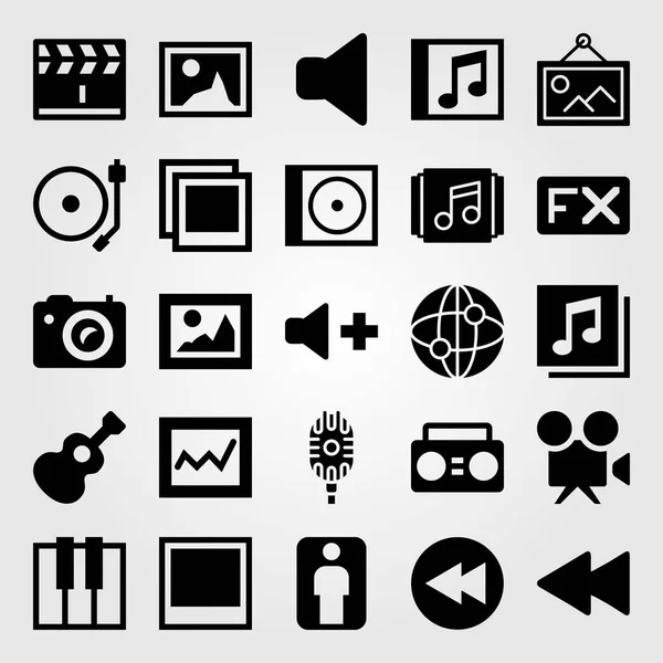 Icono multimedia set vector. man, analytics, rebobinar y lista de reproducción — Archivo Imágenes Vectoriales