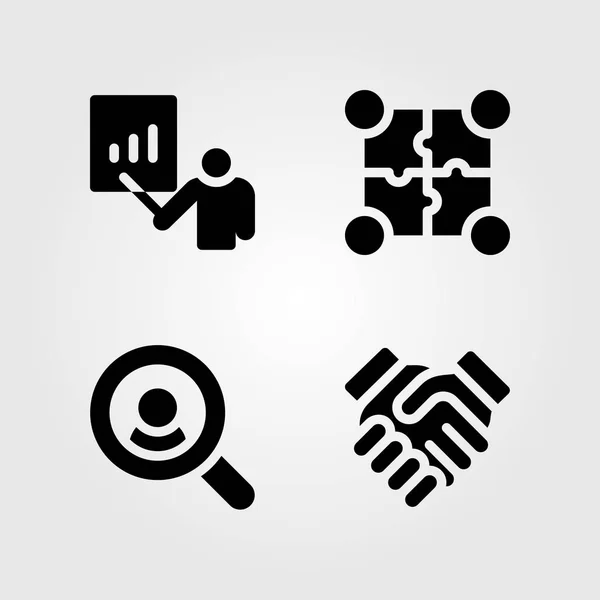 Set di icone vettoriali di discussione. partenariato, discussione, puzzle e ricerca — Vettoriale Stock