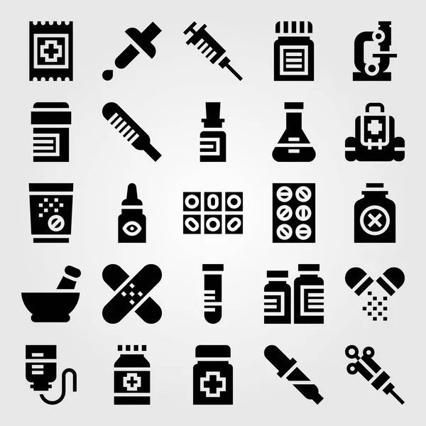 Conjunto de iconos de vector médico. pastillas, parche, jeringa y frasco — Vector de stock