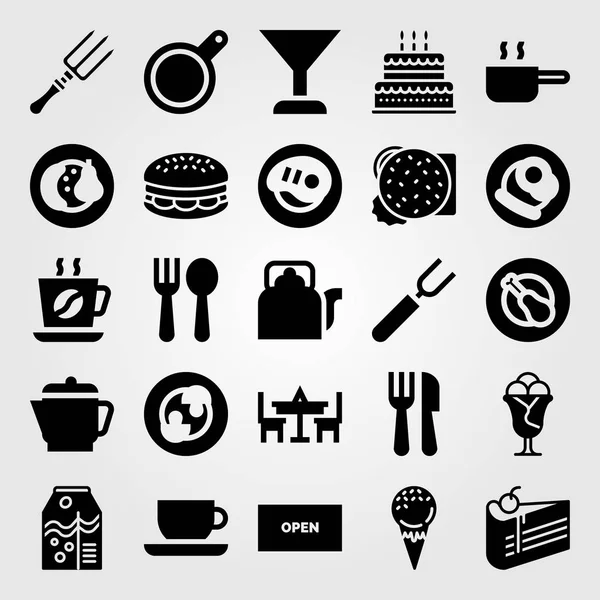 Set ikon vektor Restoran. cangkir kopi, koktail, panci dan garpu - Stok Vektor