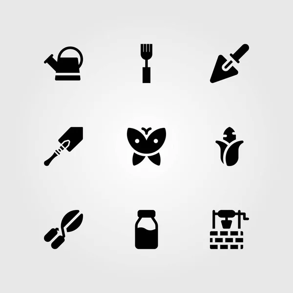 Набор значков садового вектора. поливальная банка, лопата, лопата и бутылка молока — стоковый вектор