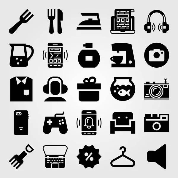 Alışveriş vektör Icon set. balık yuvarlak kase, dizüstü bilgisayar, kavanoz ve akıllı telefon — Stok Vektör