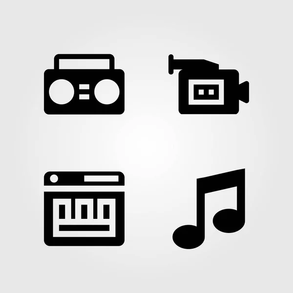 Conjunto de ícones multimídia. Boombox ilustração vetorial, nota musical, câmera de vídeo e navegador —  Vetores de Stock