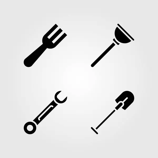 Набор значков инструментов. Векторный иллюстрационный ключ, плунжер, лопата и вилка — стоковый вектор