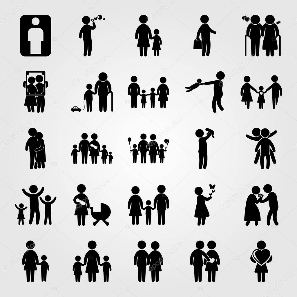 Humans vector icon set. portrait, two childs playing, boy and child