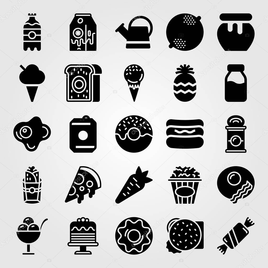Food And Drinks vector icon set. milk, drink, milk bottle and burito