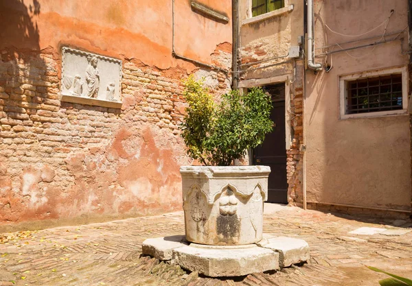 Kleiner, gemütlicher Hof mit buntem Häuschen / Venedig / der kleine Hof mit hellen Häuserwänden — Stockfoto