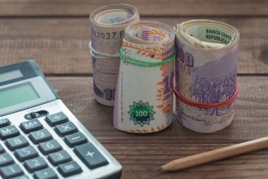 Hesap makinesi yanındaki masada Arjantinli money dosyaları